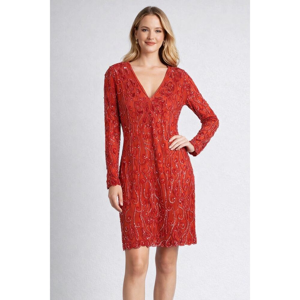 Vintage Sweelo Silk Sheath Dress Womens Red Beaded Long Sleeve Cocktail 6 8